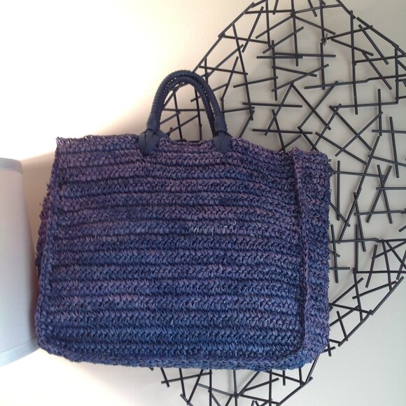 Loeffler Randall Blue Purple Ombre Straw Travel Tote Bag w/ Tassels - Picture 7 of 16